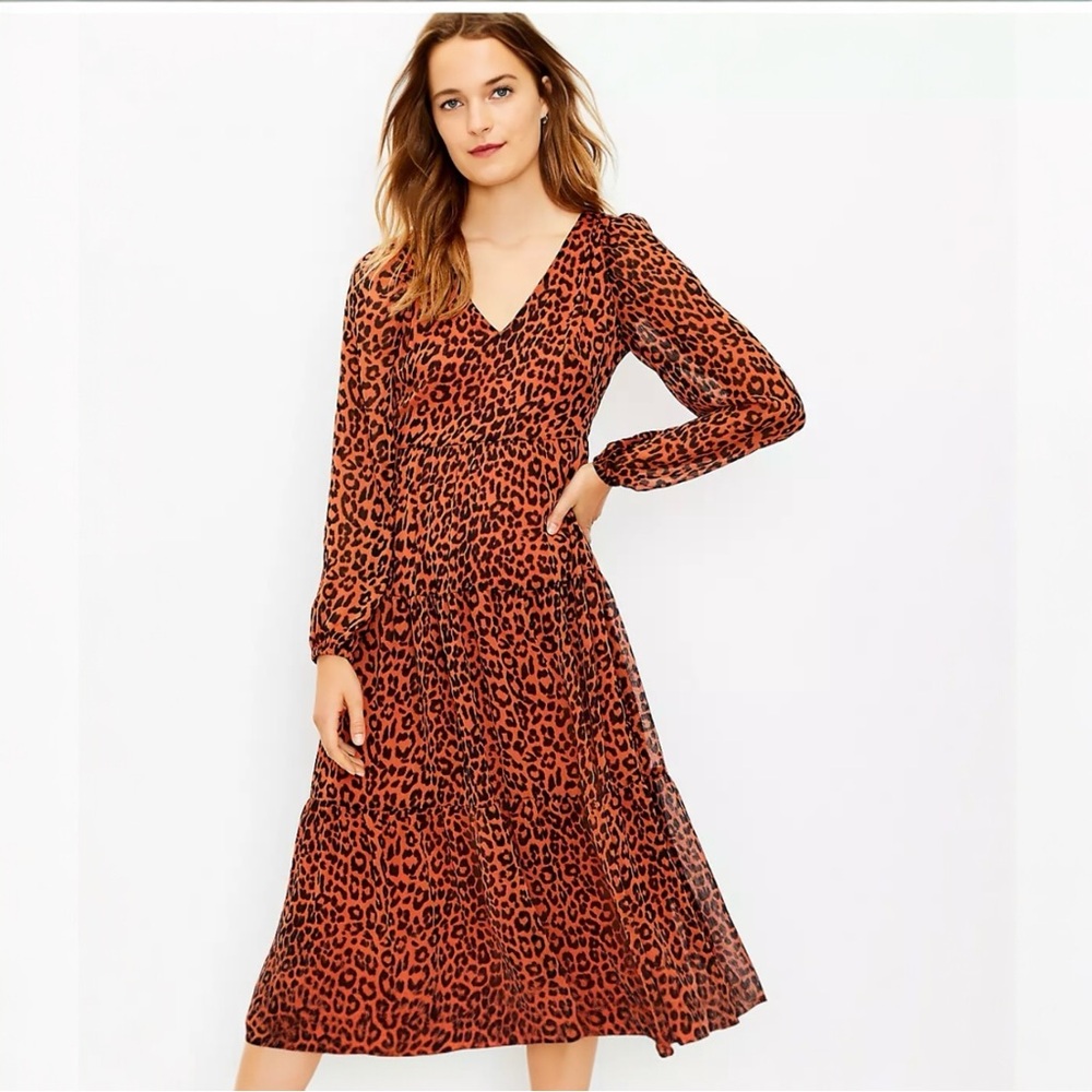 Loft Petite Leopard Print Tiered V-Neck‎ Midi Long Sleeve Dress Size 6 #211